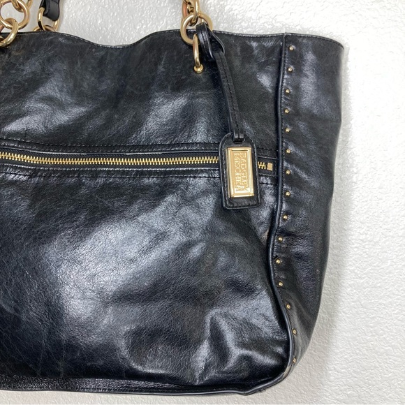 BADGLEY MISCHKA Black Tessa Shine Leather Studded Tote Handbag 17x13" - Picture 3 of 16